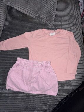 Zara Girls Pale Pink Long Sleeve Tee with Light Pink Corduroy Skirt